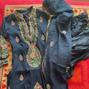 3 piece salwar kameez set in blue with all over floral embroidery